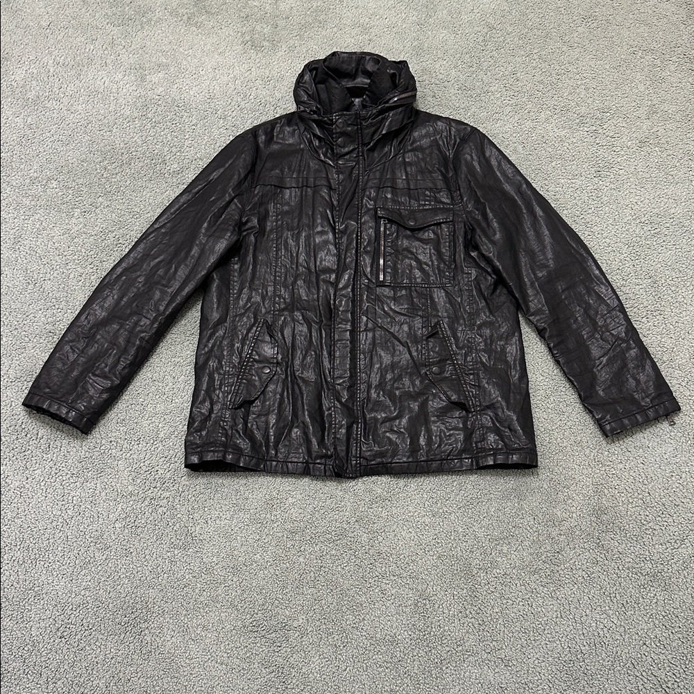John Varvatos Collection Black Coated Linen Jacket w/ stow hood men’s 56 - Picture 2 of 13